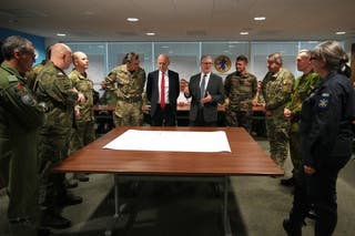 Prime Minister Sir Kier Storm (Right Center) and Secretary of Defense John Haley (Left Center) visiting a military base in southeastern England to meet with military planners who draw subsequent plans at The Willing Coalition on Thursday